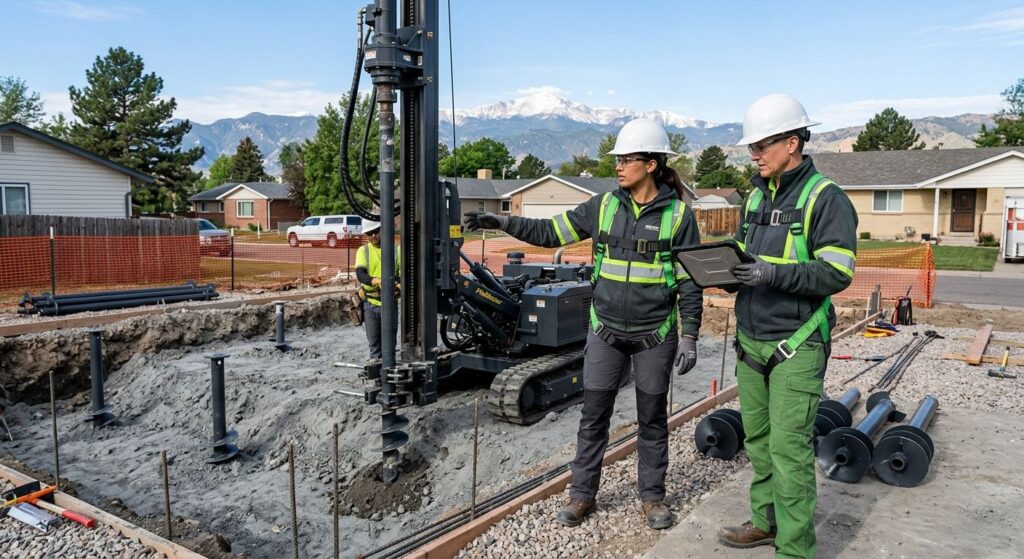 Two construction specialists in workwear observing steel helical pier installation for an ADU foundation at a Denver property with the Rocky Mountains in the background
