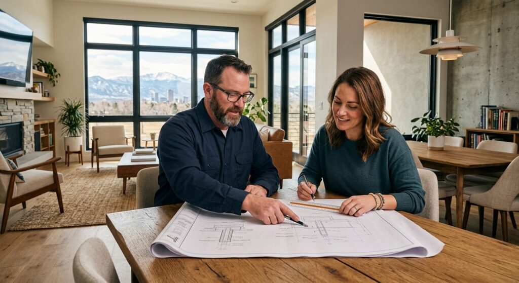 Homeowner and contractor reviewing blueprints for a home addition in a bright Denver living room with mountain views.