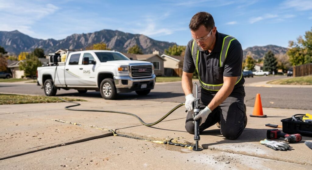 Professional polyurethane concrete injection technician from RMS Structural Concrete lifting a settled driveway in Denver with Rocky Mountain foothills background
