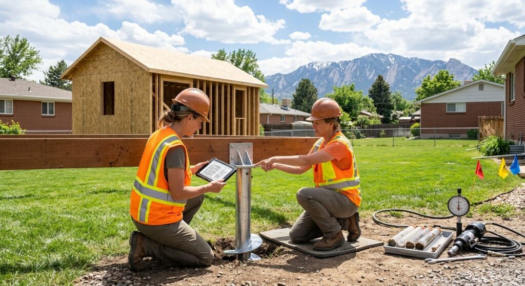 Professional photograph of a structural engineer inspecting a helical pier foundation installation for an accessory dwelling unit in a suburban Denver neighborhood with the Rocky Mountains in the background