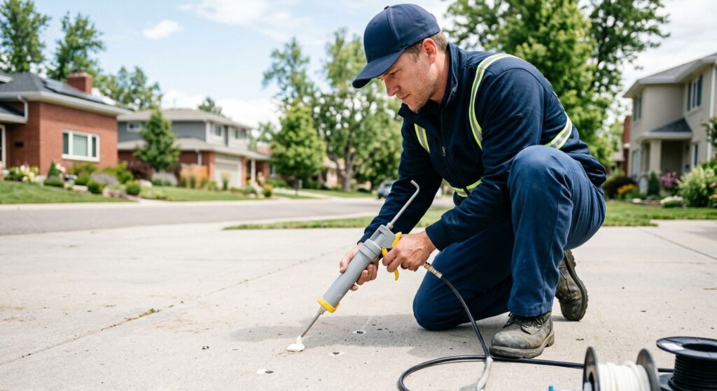 Certified technician injecting polyurethane foam into a concrete driveway through a small hole in Denver