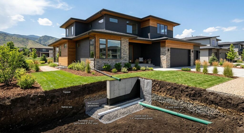 Cross-section cutaway of a modern Denver home showing foundation drainage system with perimeter drain and gravel bed