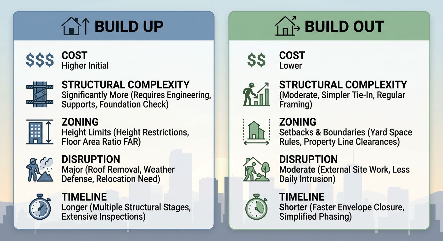 Side-by-side comparison infographic of build-up versus build-out home addition options in Denver with icons for cost, complexity, zoning, disruption, and timeline