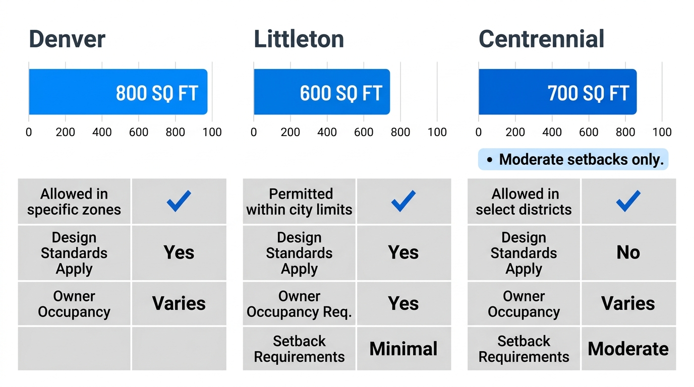 Data visualization comparing maximum ADU sizes and foundation requirements across Denver, Littleton, and Centennial using horizontal bar chart and matrix table.