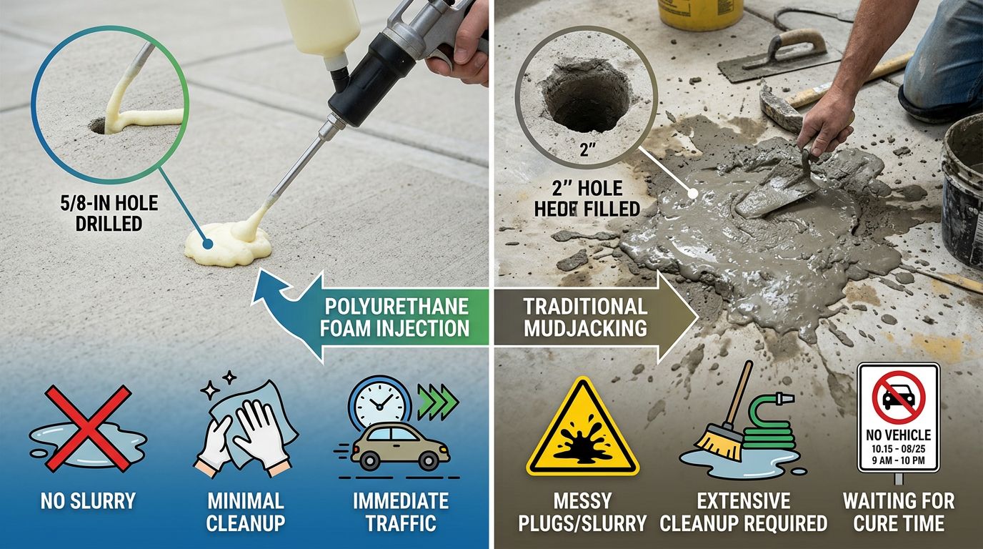 Comparative infographic showing clean polyurethane foam injection with small hole, no slurry versus messy traditional mudjacking with large hole and wet mud slurry.