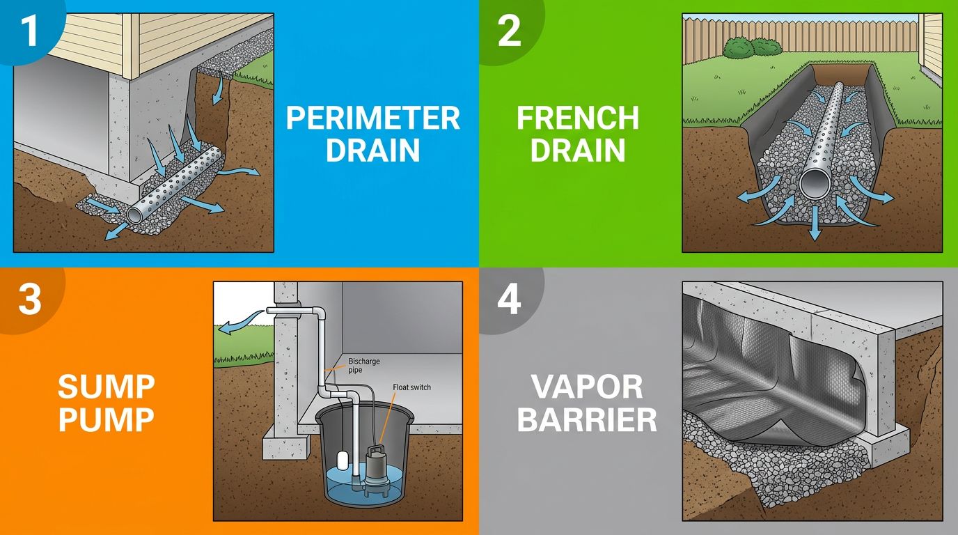 Infographic comparing four Denver foundation moisture-control systems: Perimeter Drain, French Drain, Sump Pump, and Vapor Barrier with cross-section illustrations and function labels.