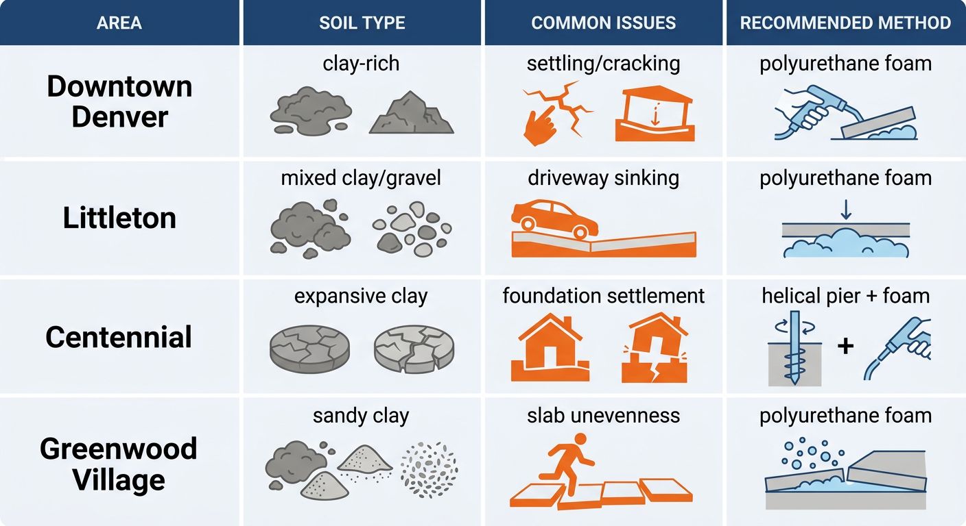 Infographic comparison of Denver metro areas showing soil types, common concrete issues, and recommended lifting methods by RMS