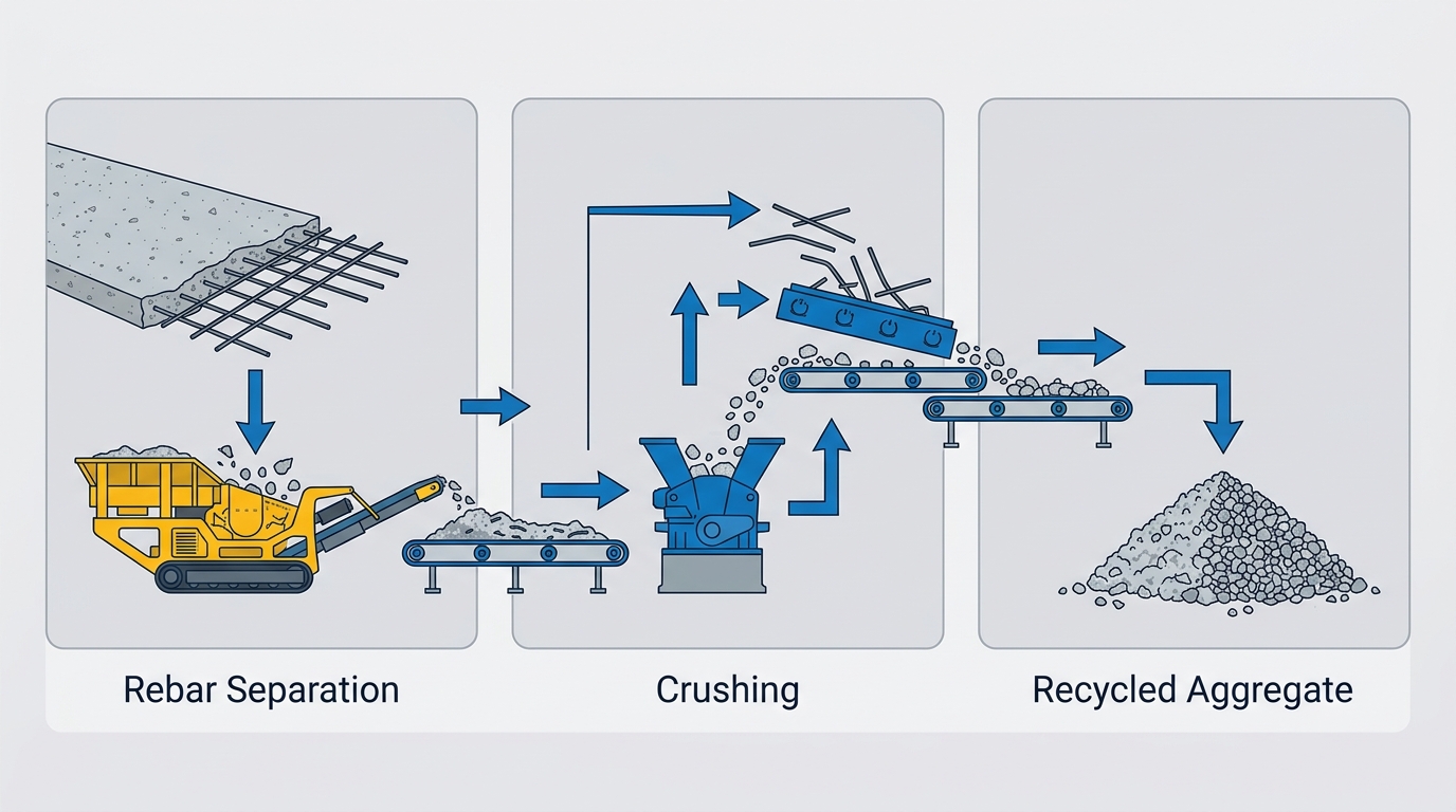Horizontal three-stage process flow diagram showing concrete slab entering a yellow crusher for rebar separation, magnetic separation removing steel pieces, and crushed concrete aggregate forming a stockpile with clean industrial icons and arrows.