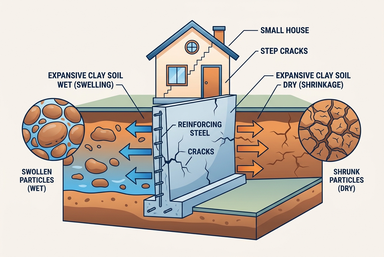 Cross-section illustration of a foundation wall surrounded by expansive clay soil.