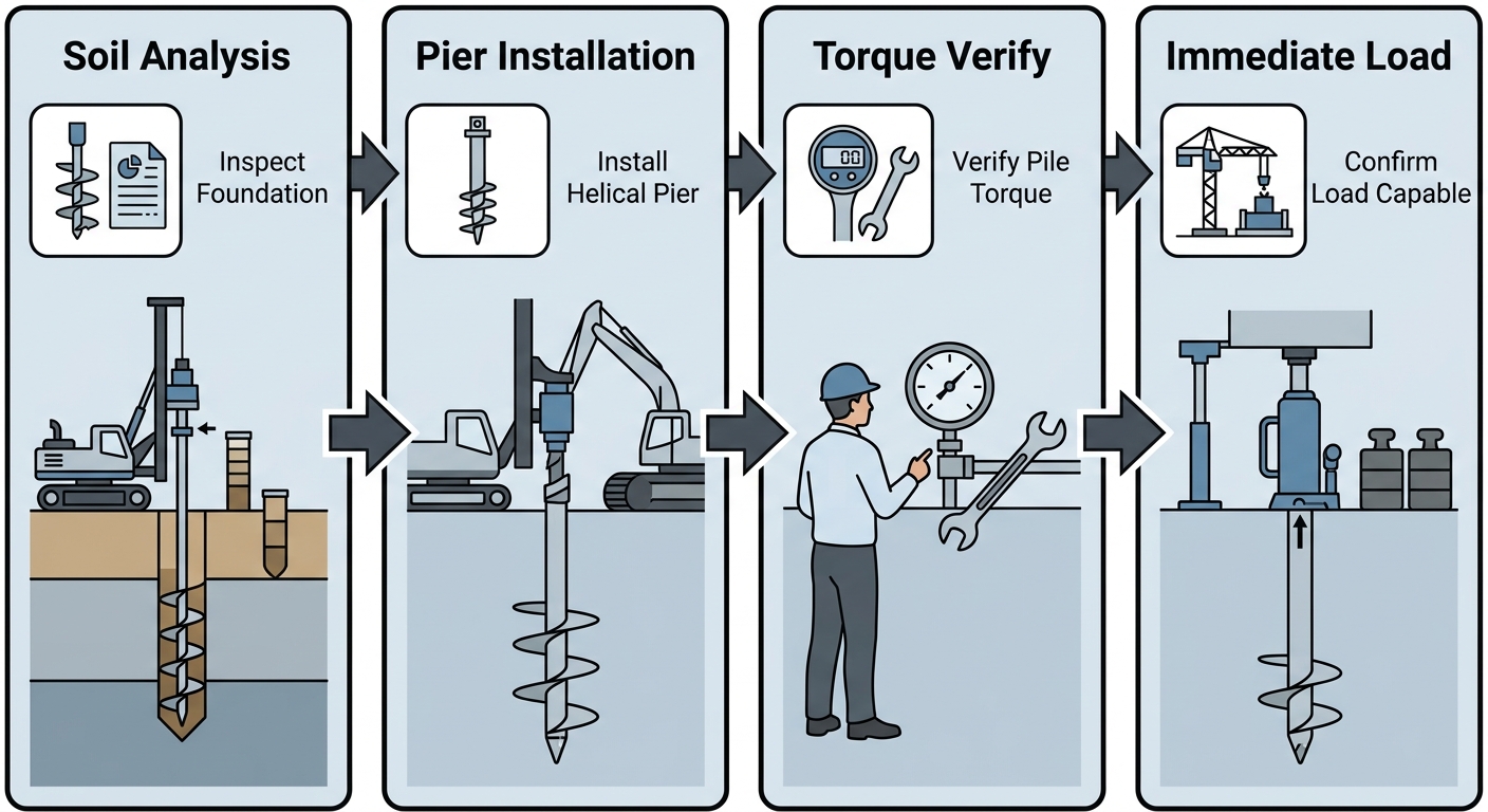 Process flow diagram showing helical pier installation in four steps: soil analysis, pier installation, torque verification, and immediate structural loading. Uses blue-gray palette with arrow connectors.