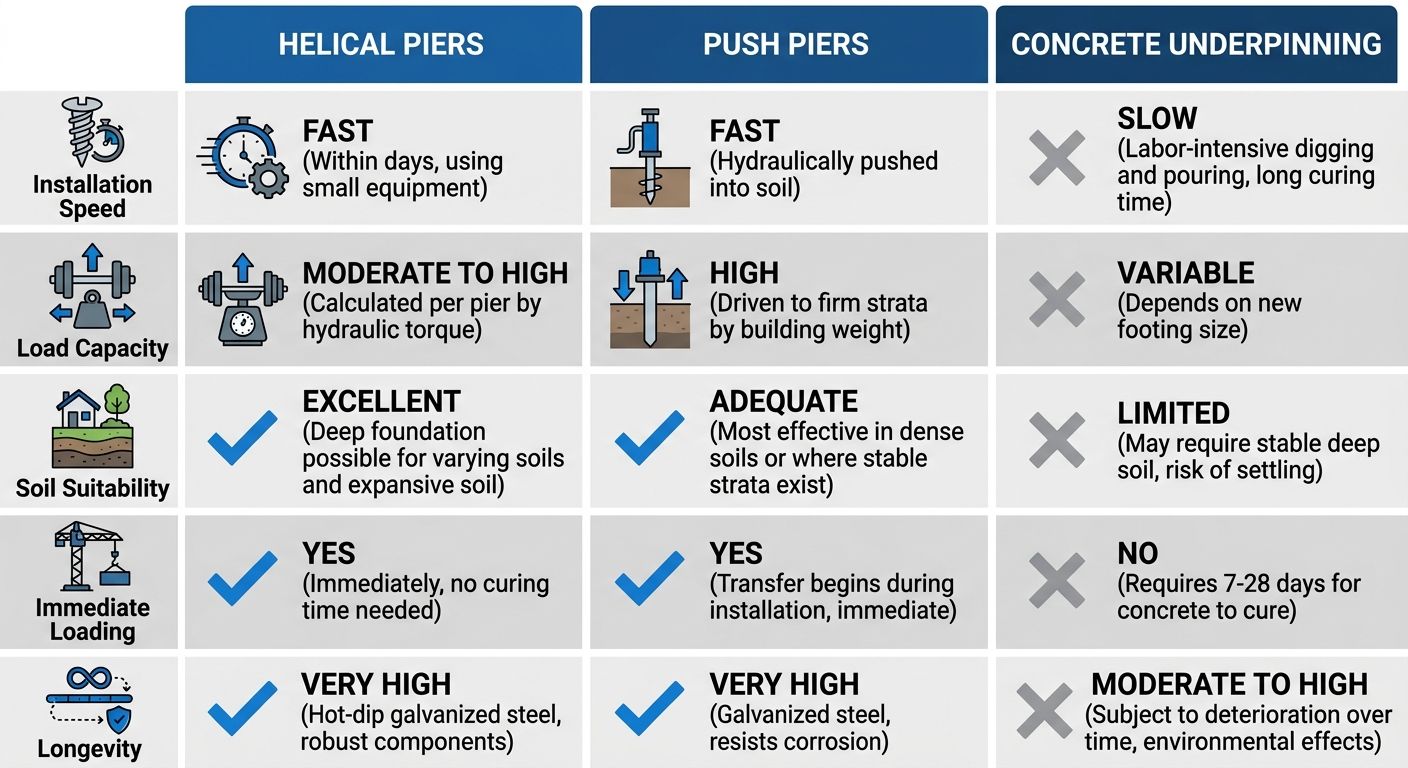 Infographic comparing helical piers, push piers, and concrete underpinning across five factors: installation speed, load capacity, soil suitability, immediate loading, and longevity.