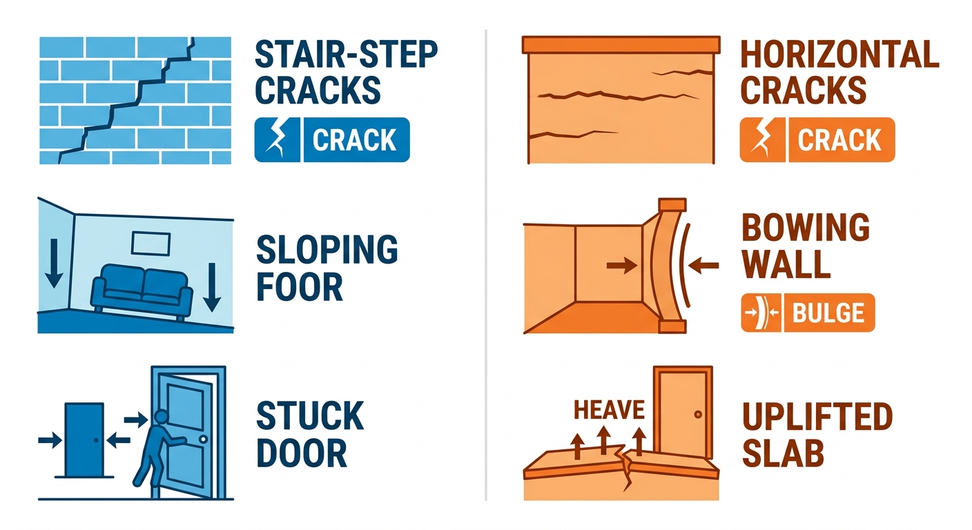 A comparison infographic showing settlement signs on the left in blue and heaving signs on the right in orange, with labeled icons for each type of foundation damage.