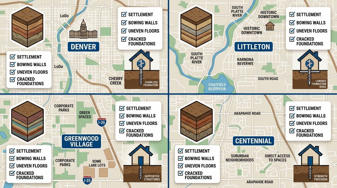 Four-panel infographic map showing Denver area foundation profiles for ADU projects, each with soil icon, foundation checklist, and helical pier symbol