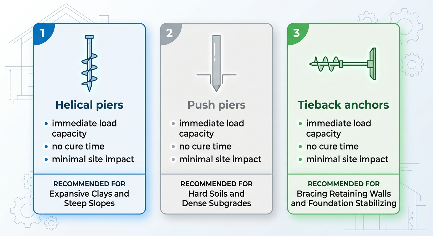 Infographic comparing three foundation repair methods for horizontal basement cracks: helical piers in blue, push piers in gray, and tiebacks in green, each with feature bullets and use case