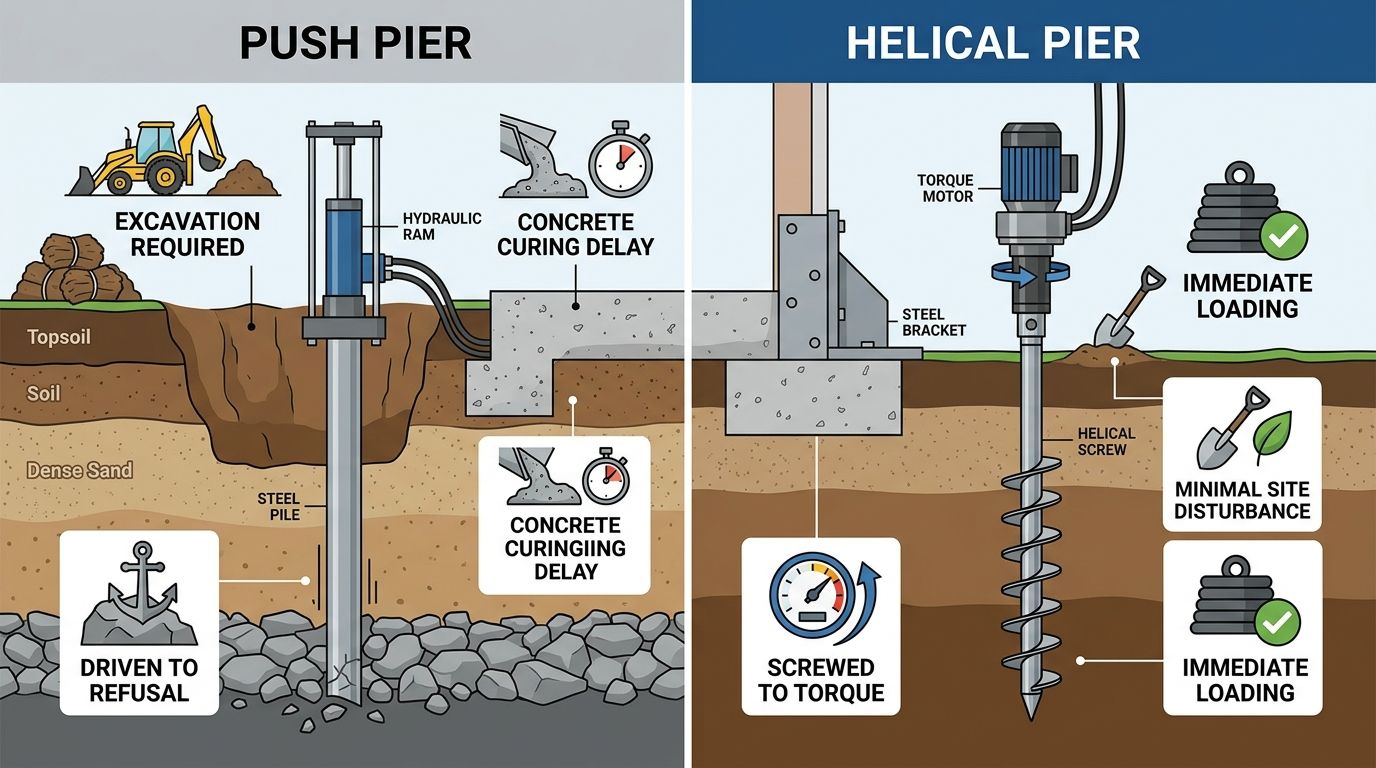 Push pier vs helical pier: installation method comparison