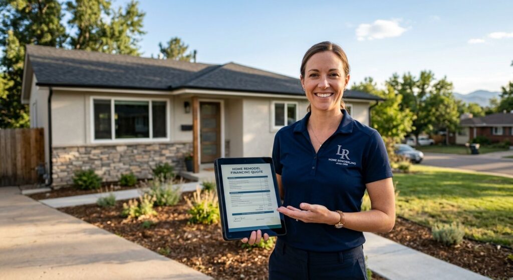 Project manager with tablet standing in front of a residential home in Littleton, Colorado, offering a customized financing quote for home remodel foundation work.