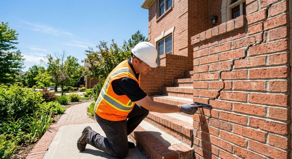 Structural inspector examining staircase cracks in a brick veneer home exterior under bright Colorado sunlight
