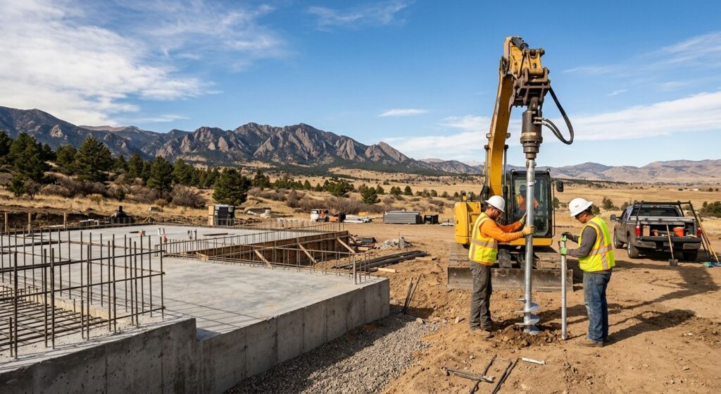 Construction crew installing helical piers in Colorado with reinforced foundation and safety gear under blue sky