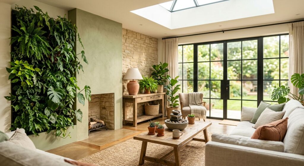 Airy living room with vertical garden wall, reclaimed wood furniture, and water fountain, bathed in natural light with an earthy color palette