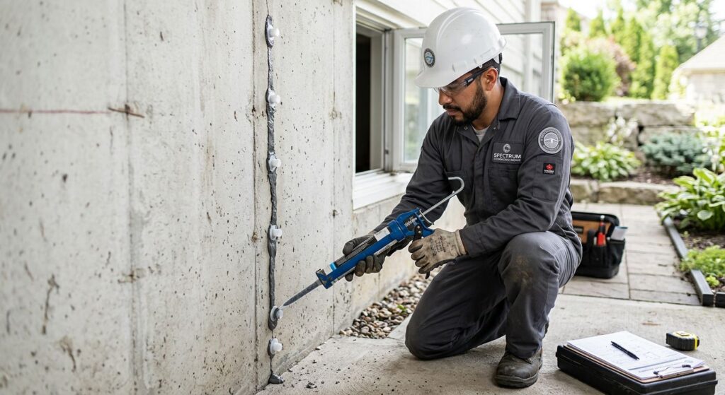 Professional foundation repair technician applying epoxy injection crack repair to a residential concrete wall