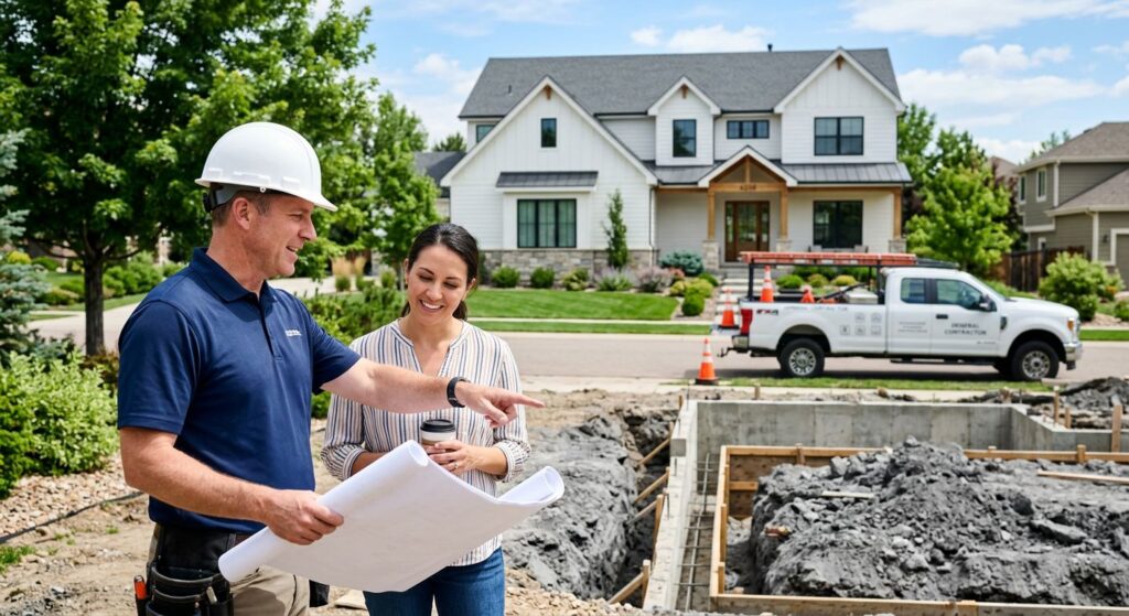 Licensed general contractor with hard hat and blueprints consulting with homeowner outside a foundation repair project in a sunny Colorado residential neighborhood