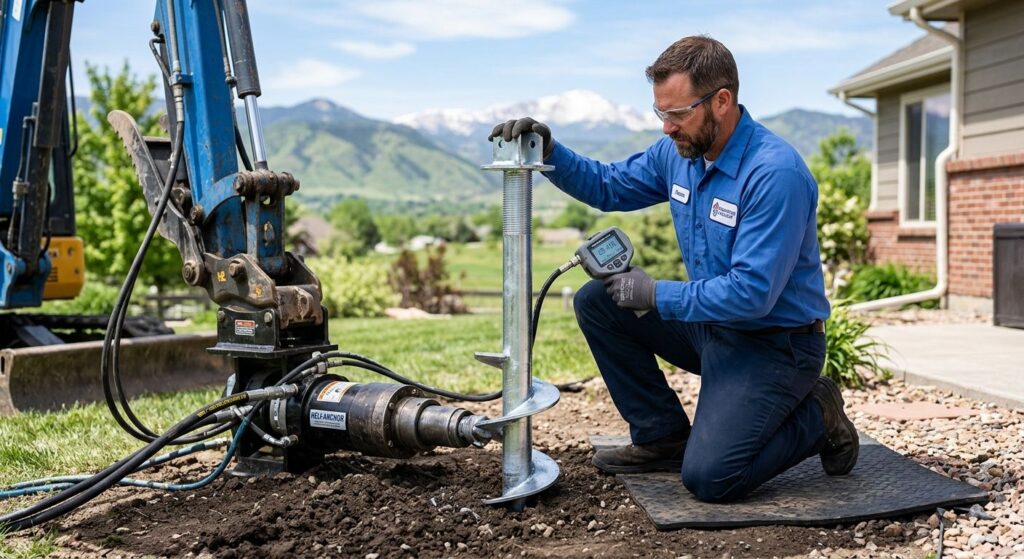 Certified foundation repair specialist inspecting a newly installed steel helical pier in a residential yard with Colorado foothills in the background