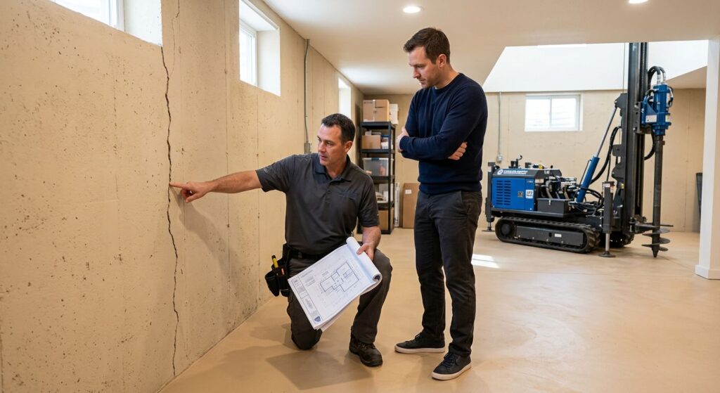 Professional structural contractor inspecting a basement foundation crack with blueprints while a homeowner watches, helical pier machinery visible in background