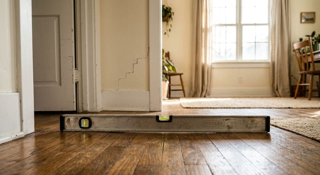 Interior of a Denver home with a 4-foot level on hardwood flooring revealing a subtle slope, with a misaligned doorframe and stair-step crack on the wall in the background, highlighted by warm natural light.