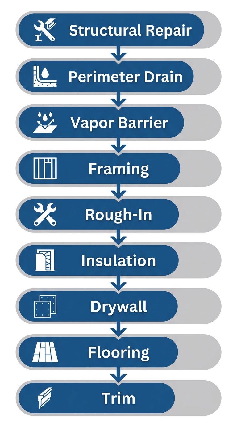 Vertical process flow showing 9 stages of basement finishing from structural repair to trim including perimeter drain, vapor barrier, framing, rough-in, insulation, drywall, and flooring.