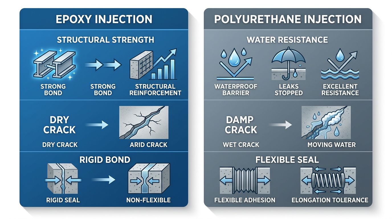 Infographic comparison of epoxy injection versus polyurethane injection for foundation crack repair