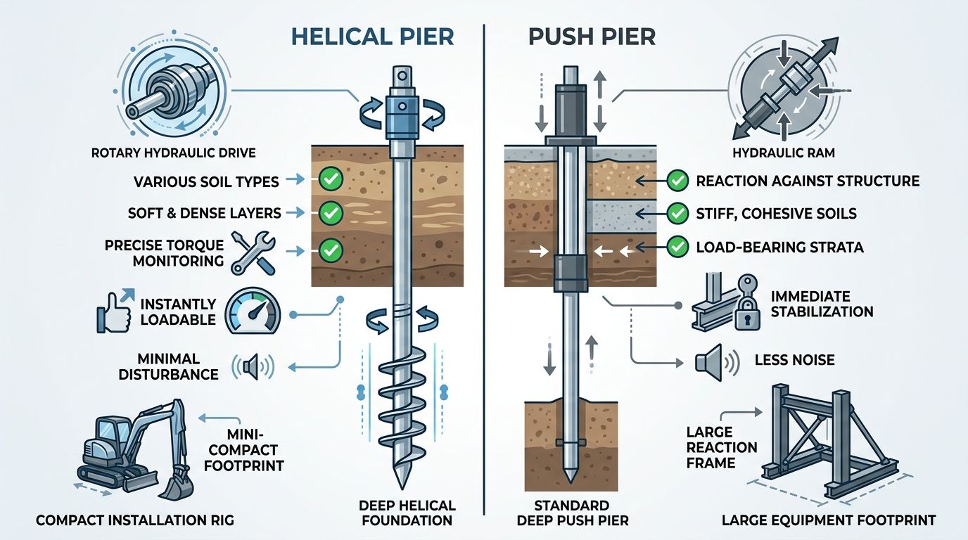 Two-column infographic comparing helical piers and push piers with icons for installation method, soil suitability, loading, and equipment footprint