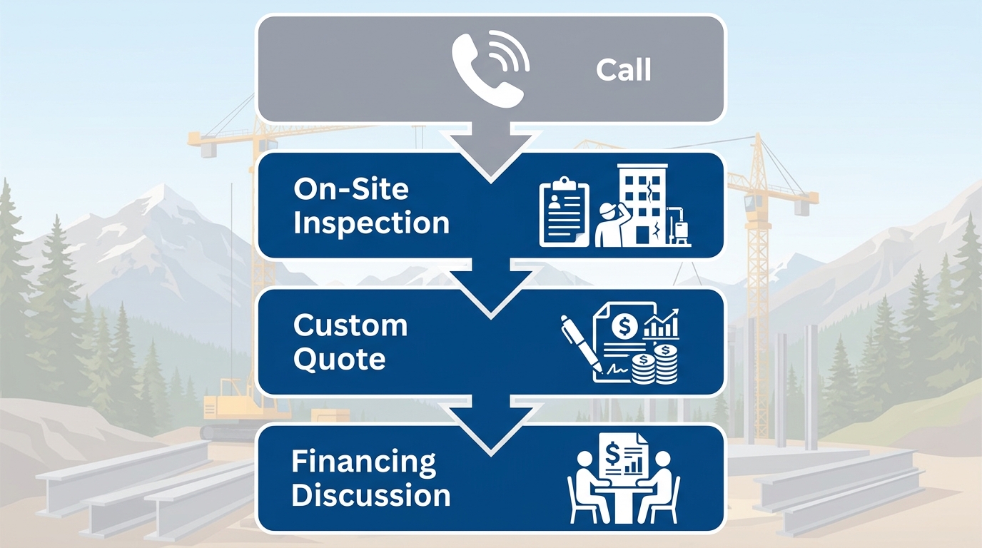 Vertical process flow illustrating four steps for foundation repair financing: Call, On-Site Inspection, Custom Quote, and Financing Discussion.
