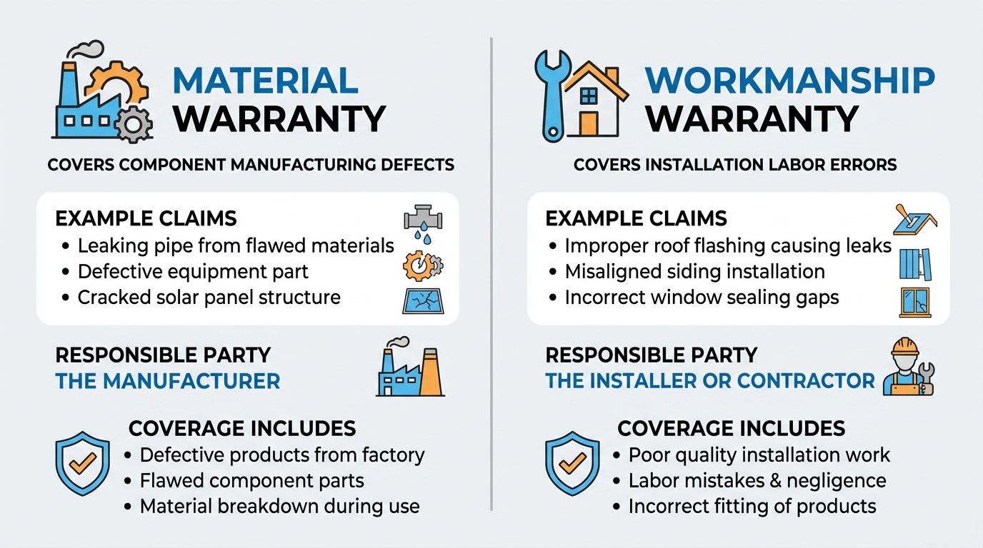 Two-panel infographic comparing material warranty and workmanship warranty for construction defects