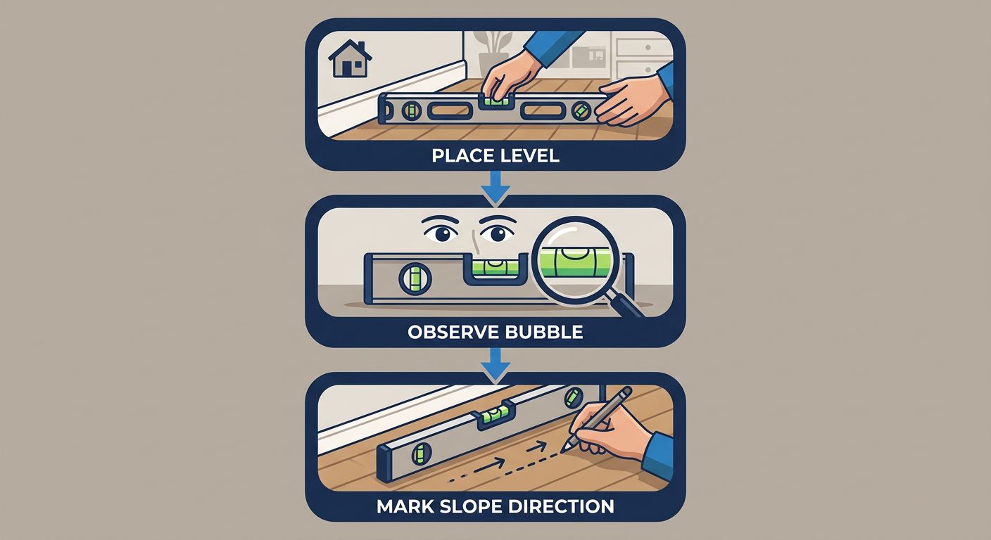 Three-step vertical process flow showing how to detect floor slope: place a level, observe the bubble position, and mark the slope direction on the floor.