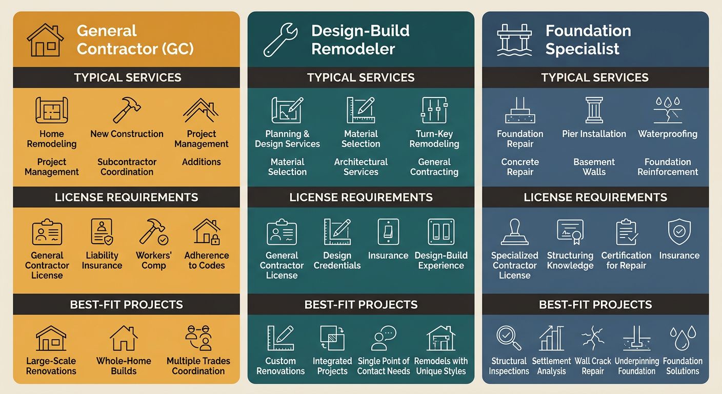 Infographic comparing three contractor types: General Contractor, Design-Build Remodeler, and Foundation Specialist, with columns for typical services, license requirements, and best-fit project types for Centennial homeowners.