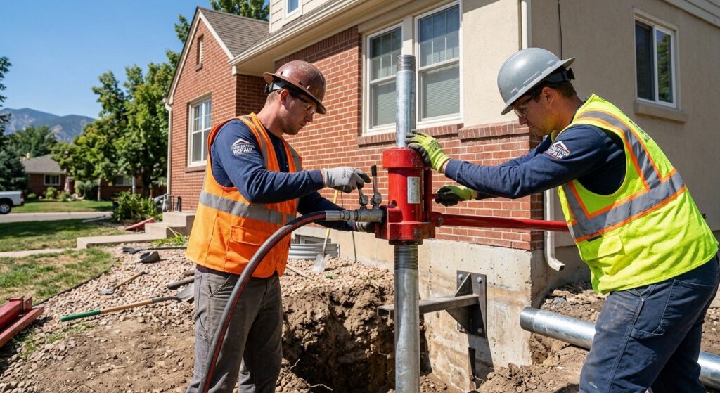 Professional photograph of a crew of certified foundation repair specialists installing steel piers at a residential home in Littleton, CO. Two workers in safety gear operate hydraulic equipment beside an excavated pit, driving galvanized steel pipe sections into the ground. The home's foundation is visible with brackets attached, and the site is clean with minimal disruption to landscaping. Bright Colorado sunlight illuminates the scene, with the crew working methodically. The image conveys trust, expertise, and long-term durability. Shallow depth of field focuses on the pier and crew, with a professional stock photo aesthetic.