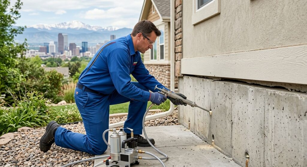 Foundation repair technician injecting polyurethane foam to lift a Denver home's concrete slab, with Rocky Mountains in background.
