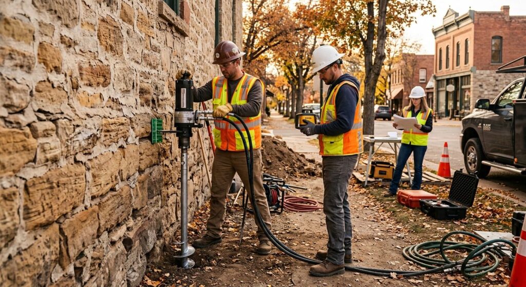 Two-person crew installing helical pier on historic stone foundation in Littleton Colorado with structural engineer overseeing