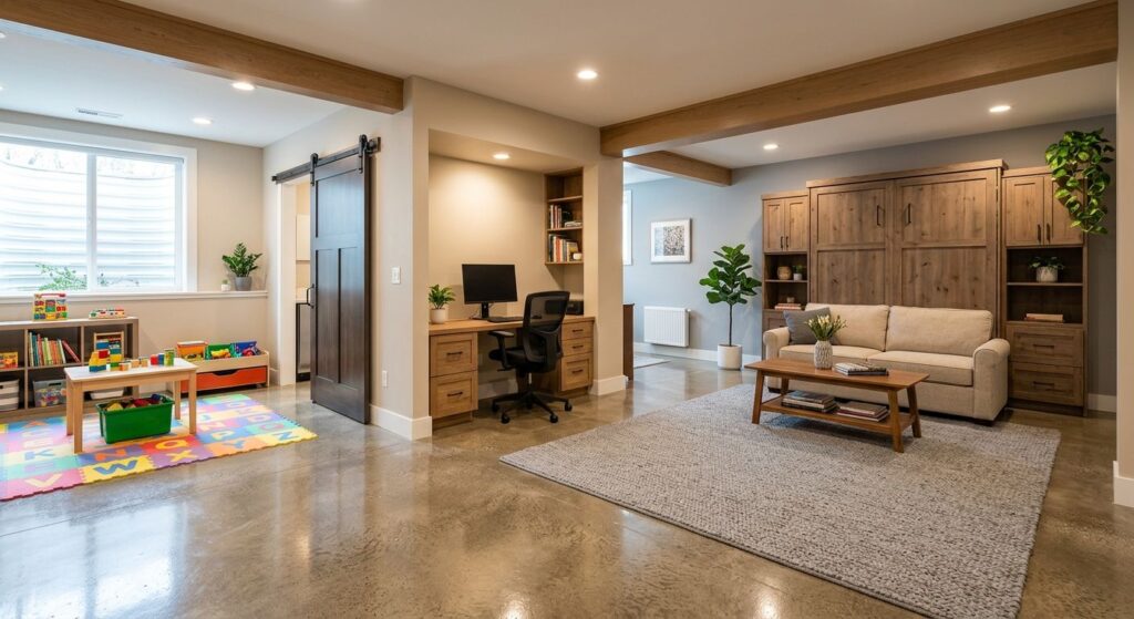 Bright finished basement with play area, home office alcove, and murphy bed sitting area, neutral tones and warm lighting