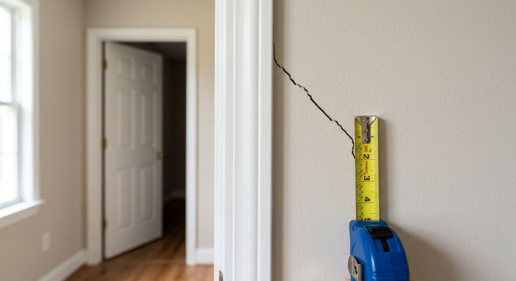 Diagonal drywall crack above a painted door frame in a residential hallway, scale indicated by blue tape measure, soft daylight from window