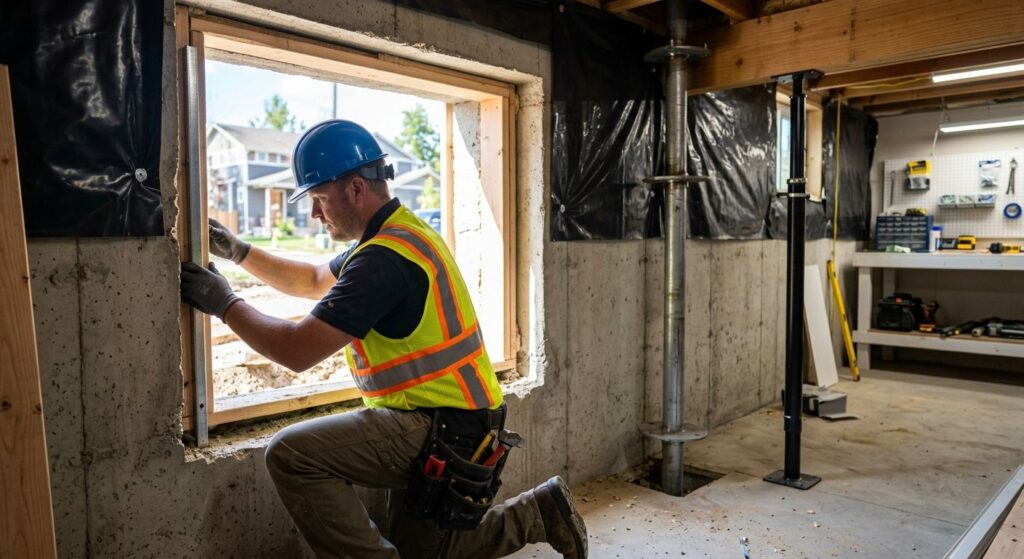A licensed contractor in a blue hard hat and safety vest kneeling beside a newly cut egress window in a Denver basement conversion, with helical piers and vapor barrier visible in the foreground.