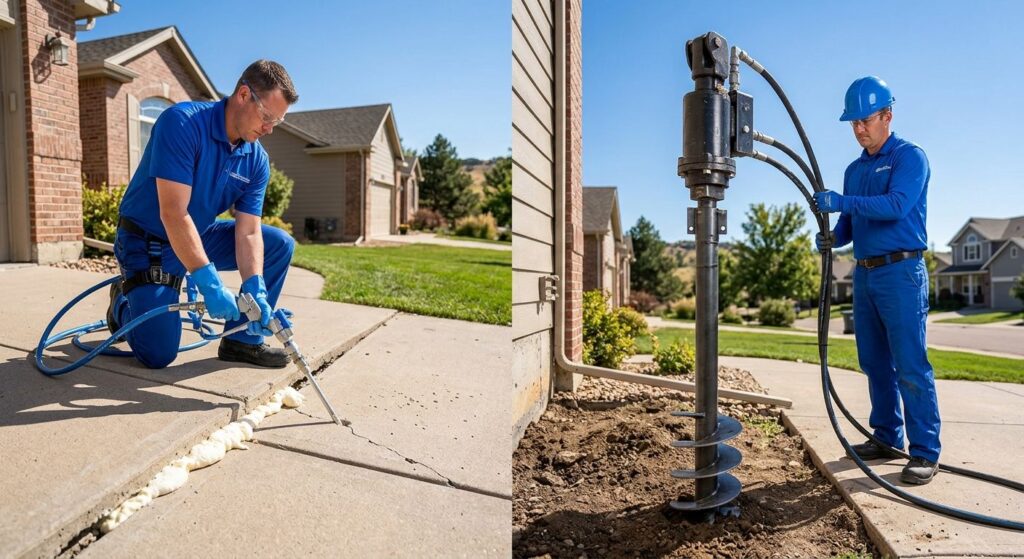 Professional foundation repair technicians performing polyurethane foam injection and steel helical pier installation in a Colorado residential setting