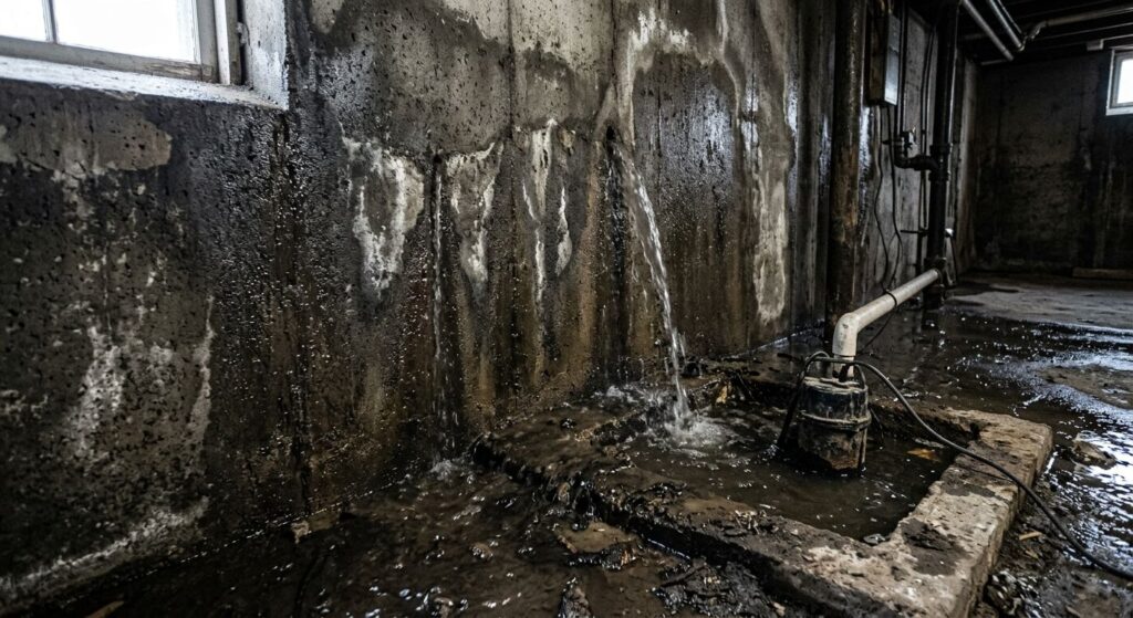 Close-up of basement foundation wall with water seepage and overflowing sump pump pit indicating hydrostatic pressure