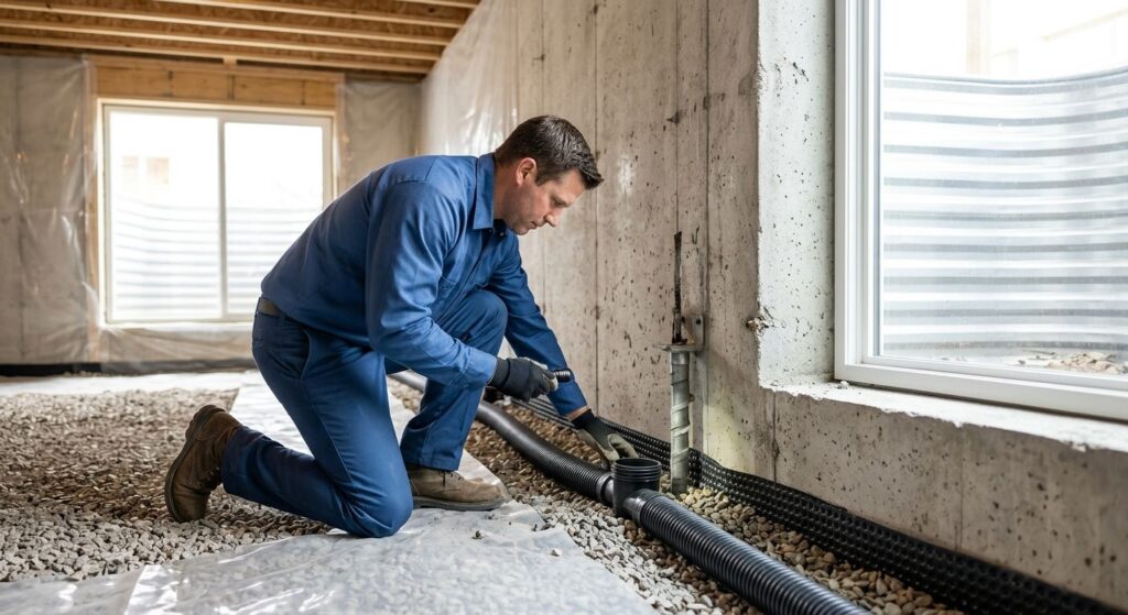 Professional photograph of a licensed structural contractor in blue RMS uniform kneeling beside a modern basement foundation wall in a Denver home, inspecting a perimeter drain system and egress window.