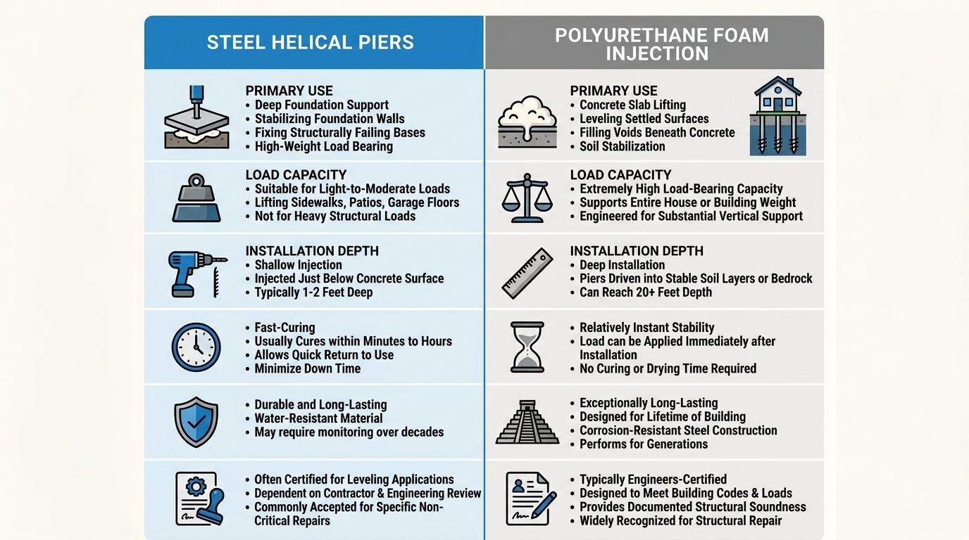 Comparison infographic between polyurethane foam injection and steel helical piers for foundation repair, with two labeled columns, icons, and a blue and grey color palette