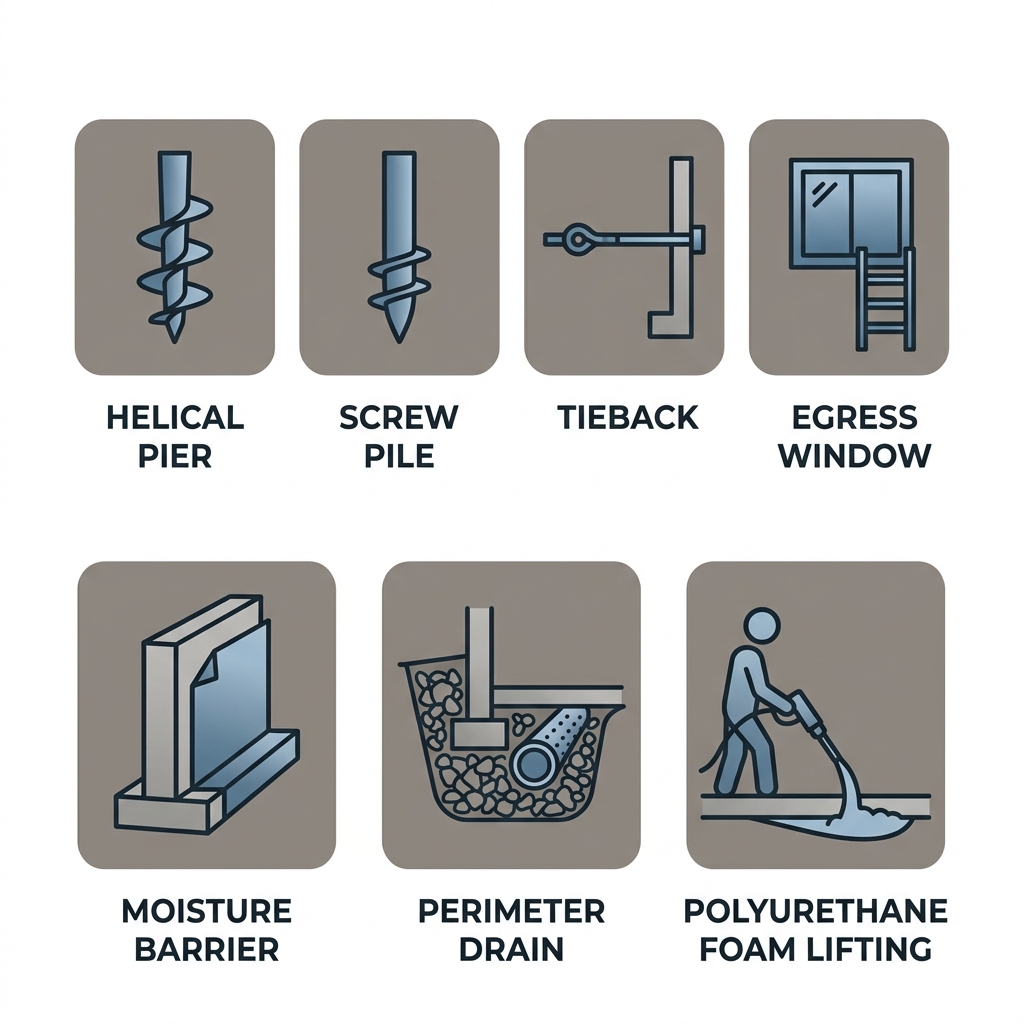 Set of seven minimalist icons depicting helical pier, screw pile, tieback, egress window, moisture barrier, perimeter drain, and polyurethane foam lifting services from Rocky Mountain Steel Piering