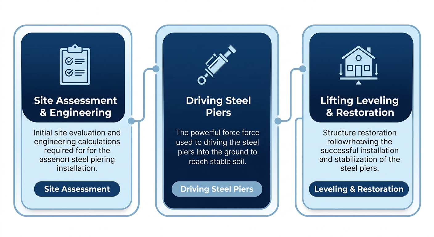 Detailed diagram showing the three stages of steel piering installation in Littleton, Colorado. Site Assessment and Engineering is on the left, then arrows point to Driving Steel Piers to Stable Soil in the middle, and finally Lifting, Leveling and Restoration on the right. Each stage has a representative icon: clipboard for assessment, hydraulic ram for the driving step, and a leveling house for final restoration. The diagram uses professional blue gradient colors and is designed for a home improvement blog.