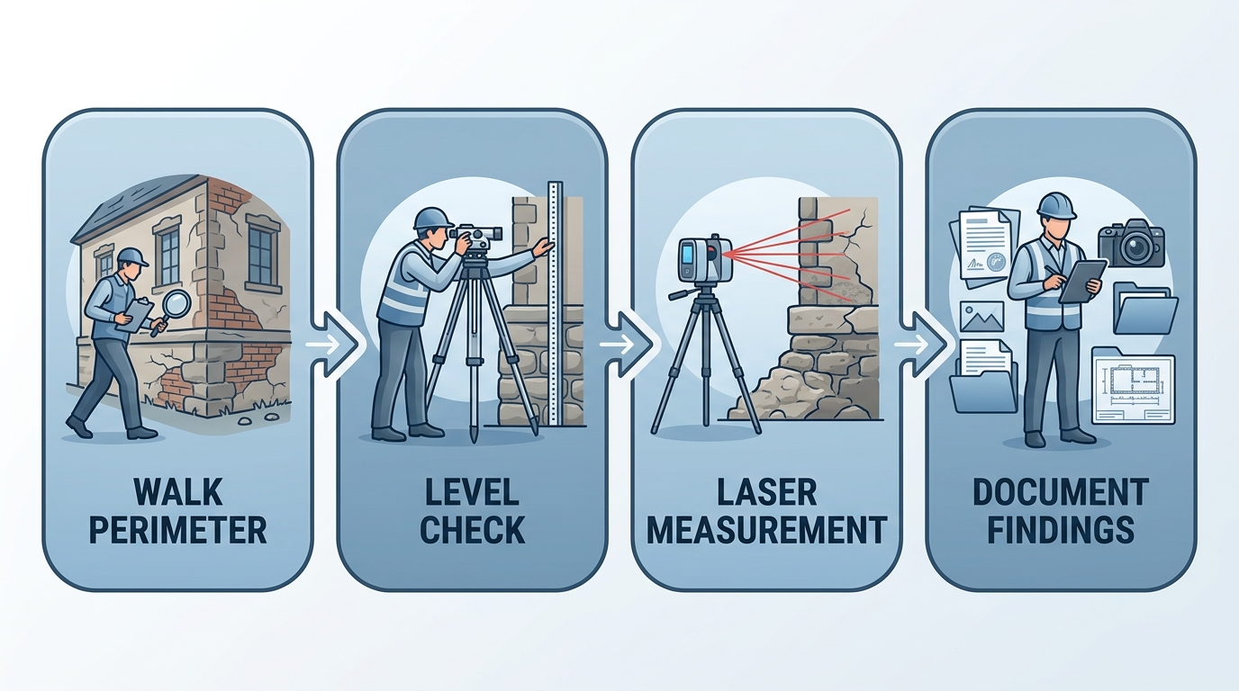 Four-step process diagram for historic foundation assessment: walk perimeter, level check, laser measurement, document findings.