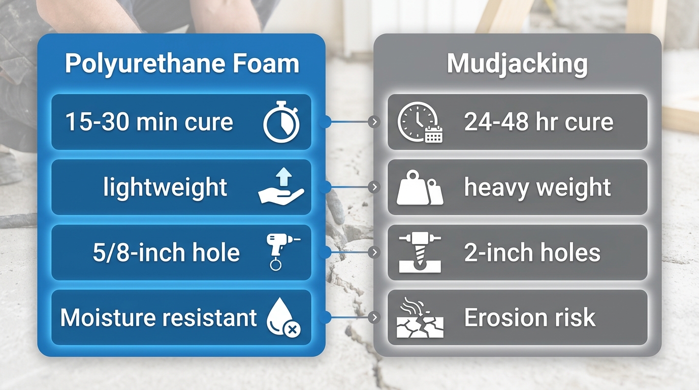 Comparison infographic showing polyurethane foam lifting on the left and mud jacking on the right with property details
