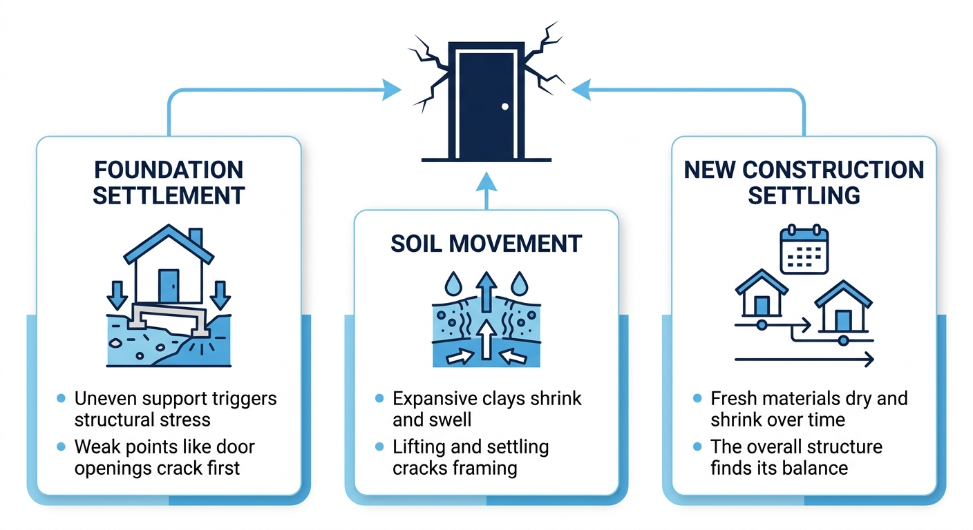 Infographic explaining why diagonal cracks form above door frames, with three cards for foundation settlement, soil movement, and new construction settling.